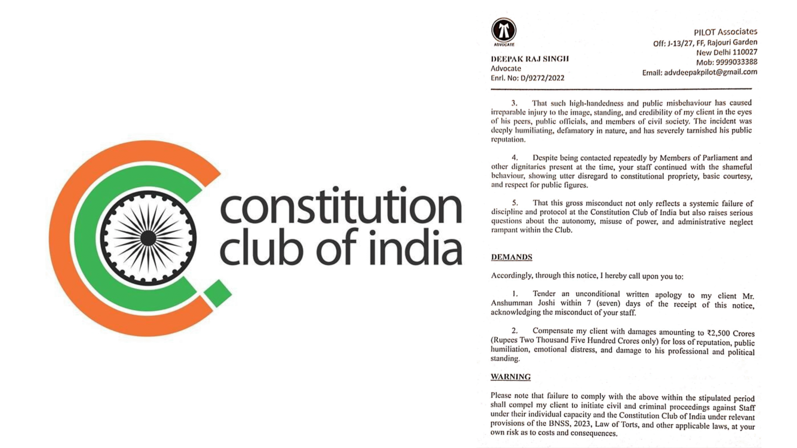 Legal Storm Erupts Over Alleged Humiliation of Leader at Constitution Club; ₹2,500 Crore Notice Demands Apology, Administrator