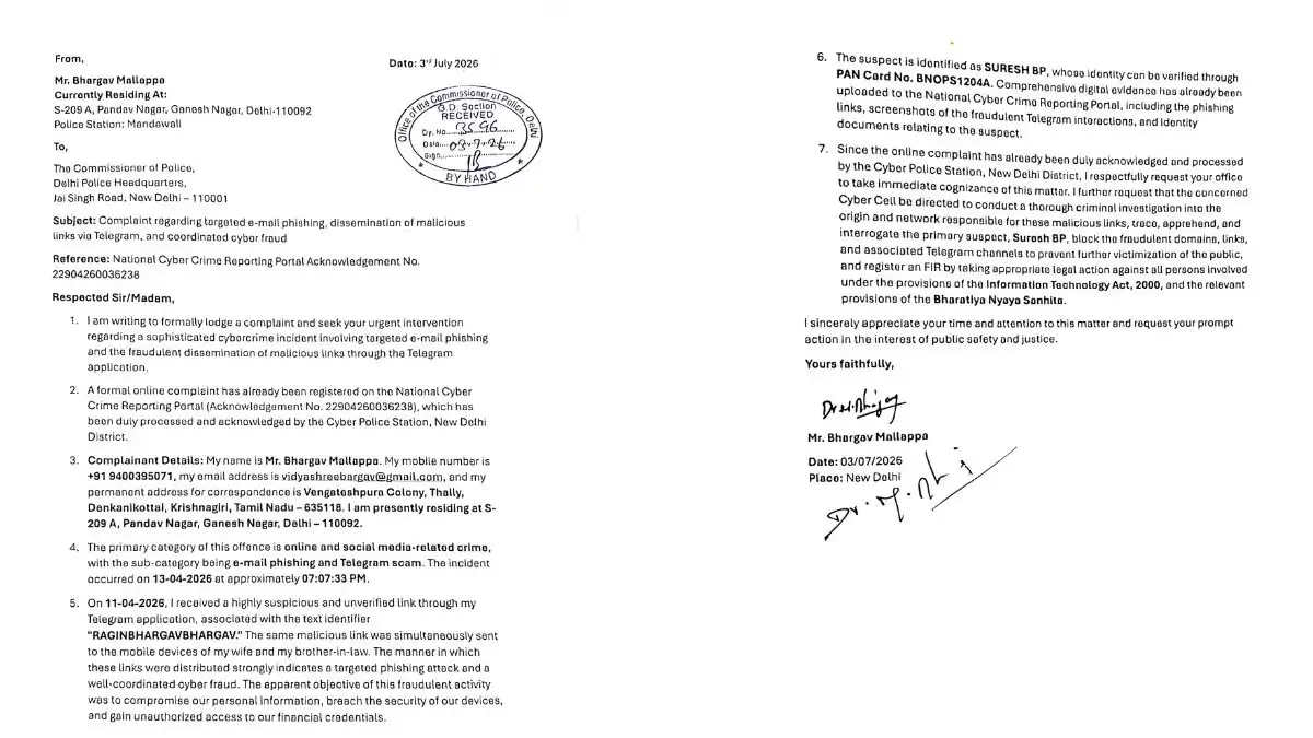 Delhi Police Investigation Requested After Same Phishing Link Sent to Three Members of a Family on Telegram