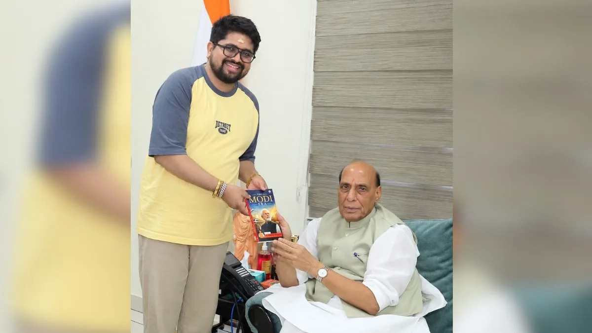 Dr Bhargav Mallappa Presents The Modi Era Book to Rajnath Singh